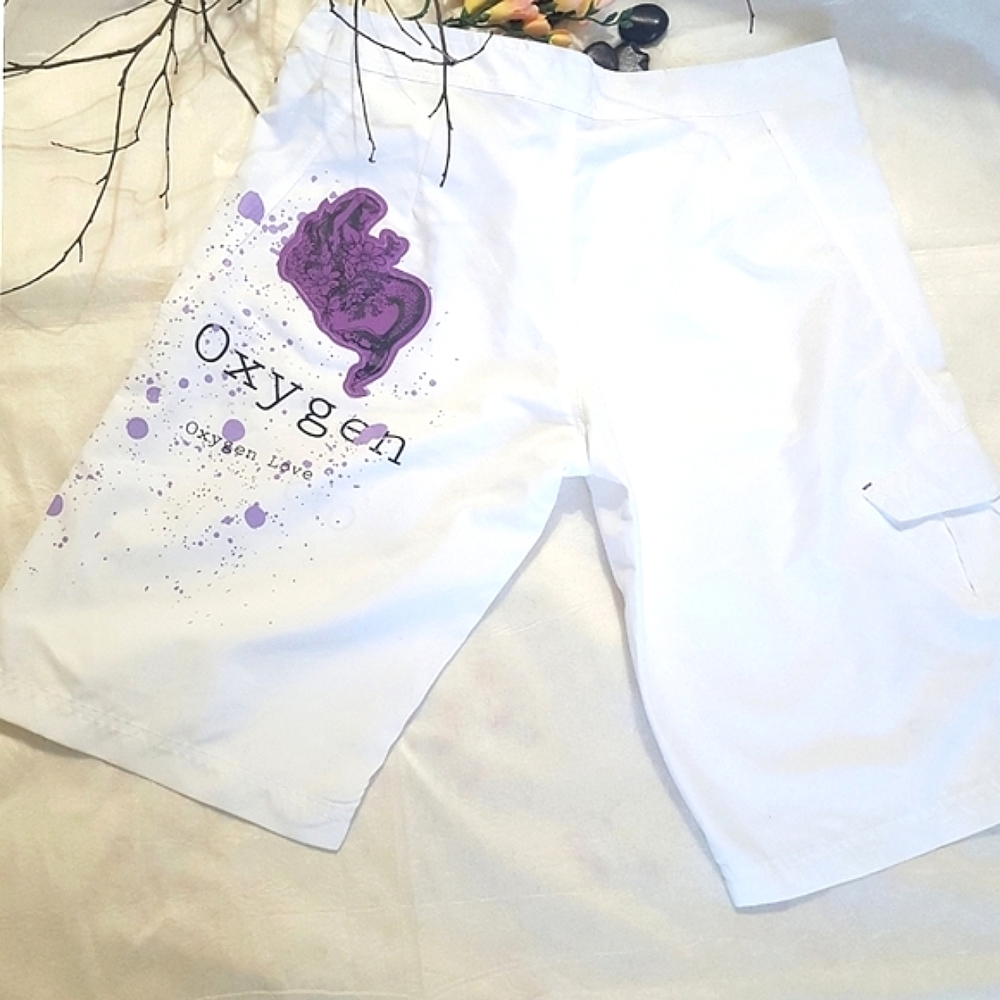 Y2K🔖Oxygen🏄‍♂️Vintage White Graphics Cargo Pocket Fast Dry Board Shorts